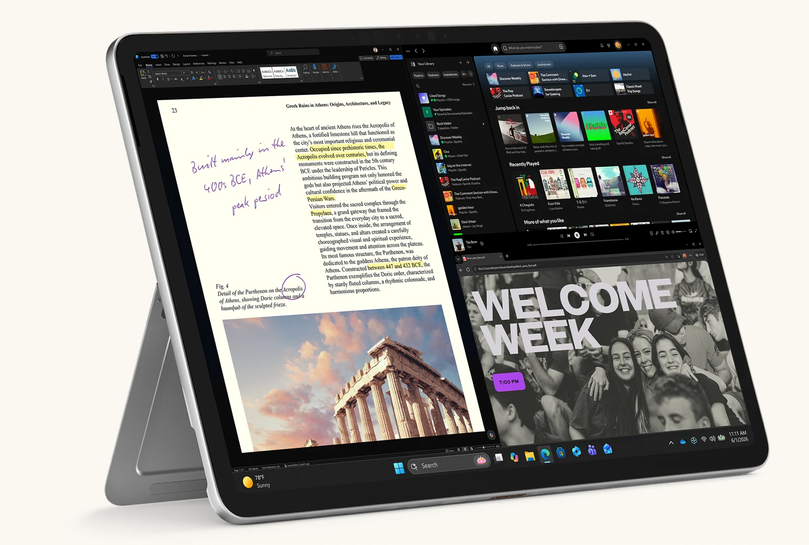 Microsoft Surface Pro tablet on its kickstand shows a document and a music app side by side