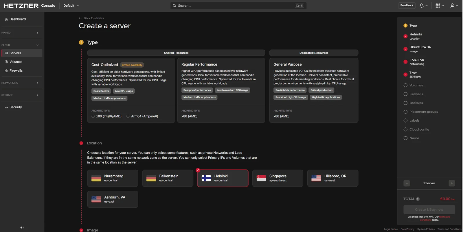 Hetzner Cloud Console shows the Create a server page for a cloud VPS with server type and location options