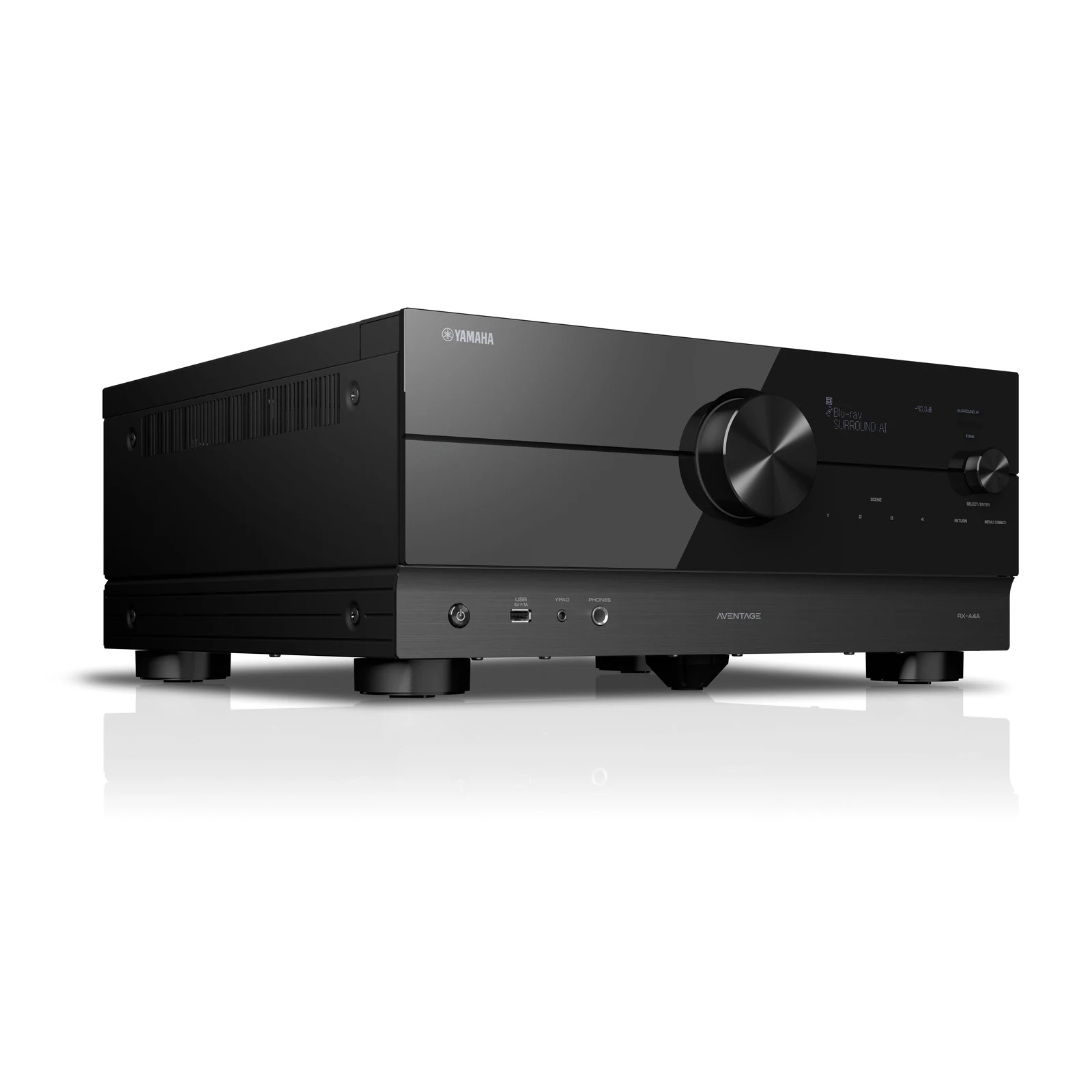 Yamaha RX-A4A AV receiver for home theater audio shows a large volume knob on a white background