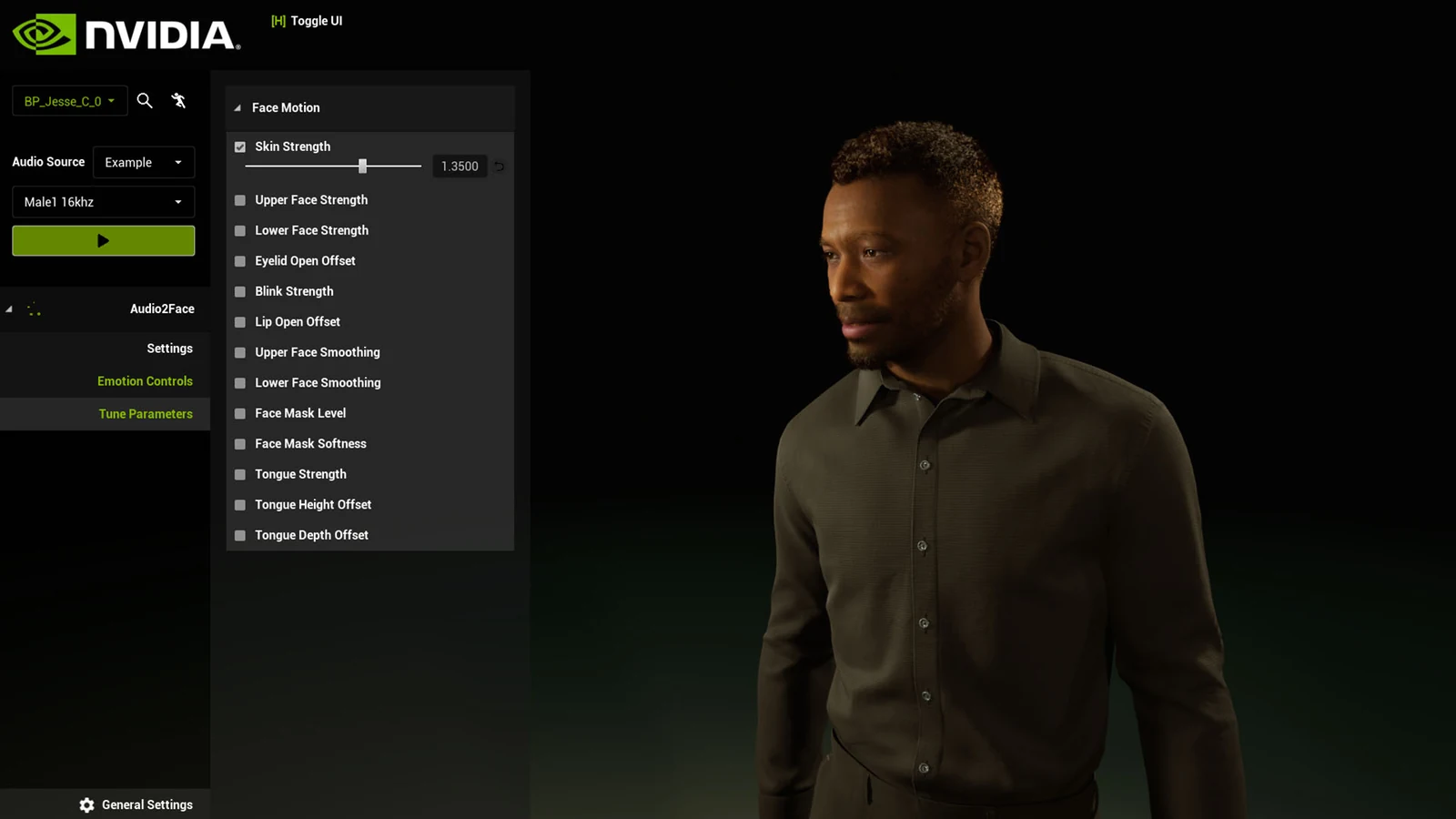 NVIDIA ACE Audio2Face in Unreal Engine 5 shows AI in video games animating a digital character's face