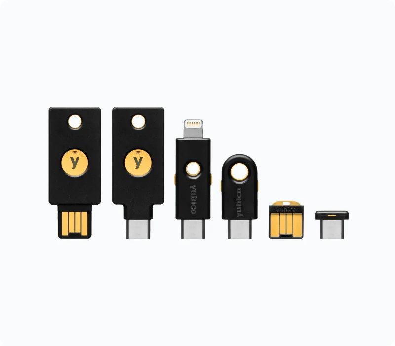 Yubico YubiKey 5 Series keys show a hardware second factor against SIM swapping, in USB-A, USB-C and Lightning versions