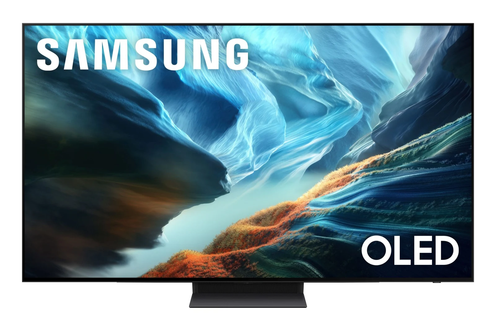 Samsung OLED TV on a center stand shows a blue river landscape
