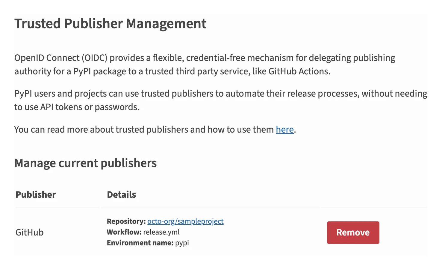 PyPI Trusted Publisher page shows a GitHub workflow as publisher, a guard against a software supply chain attack