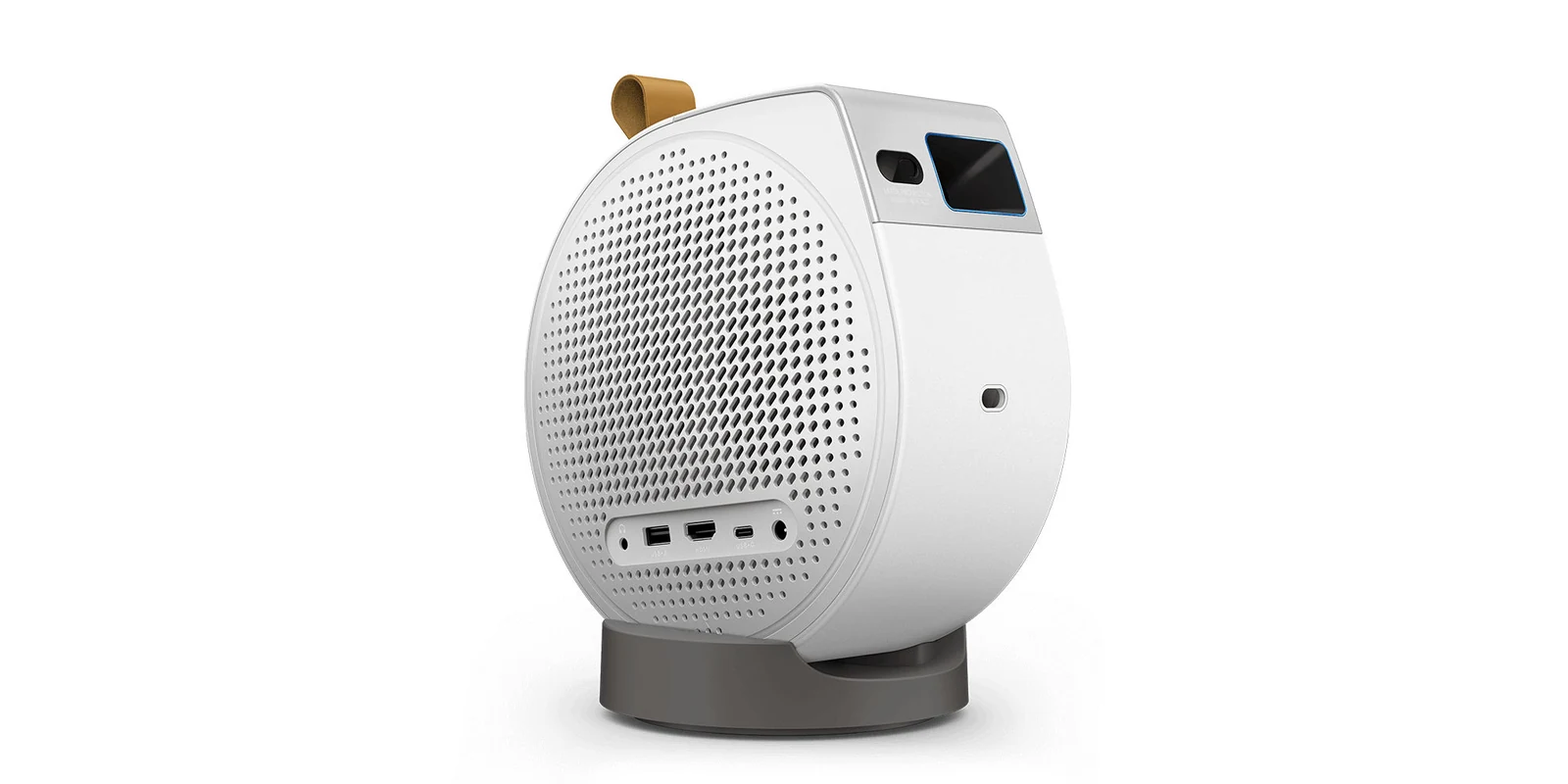 BenQ GV50 portable projector shows a white body, a leather strap and a gray base