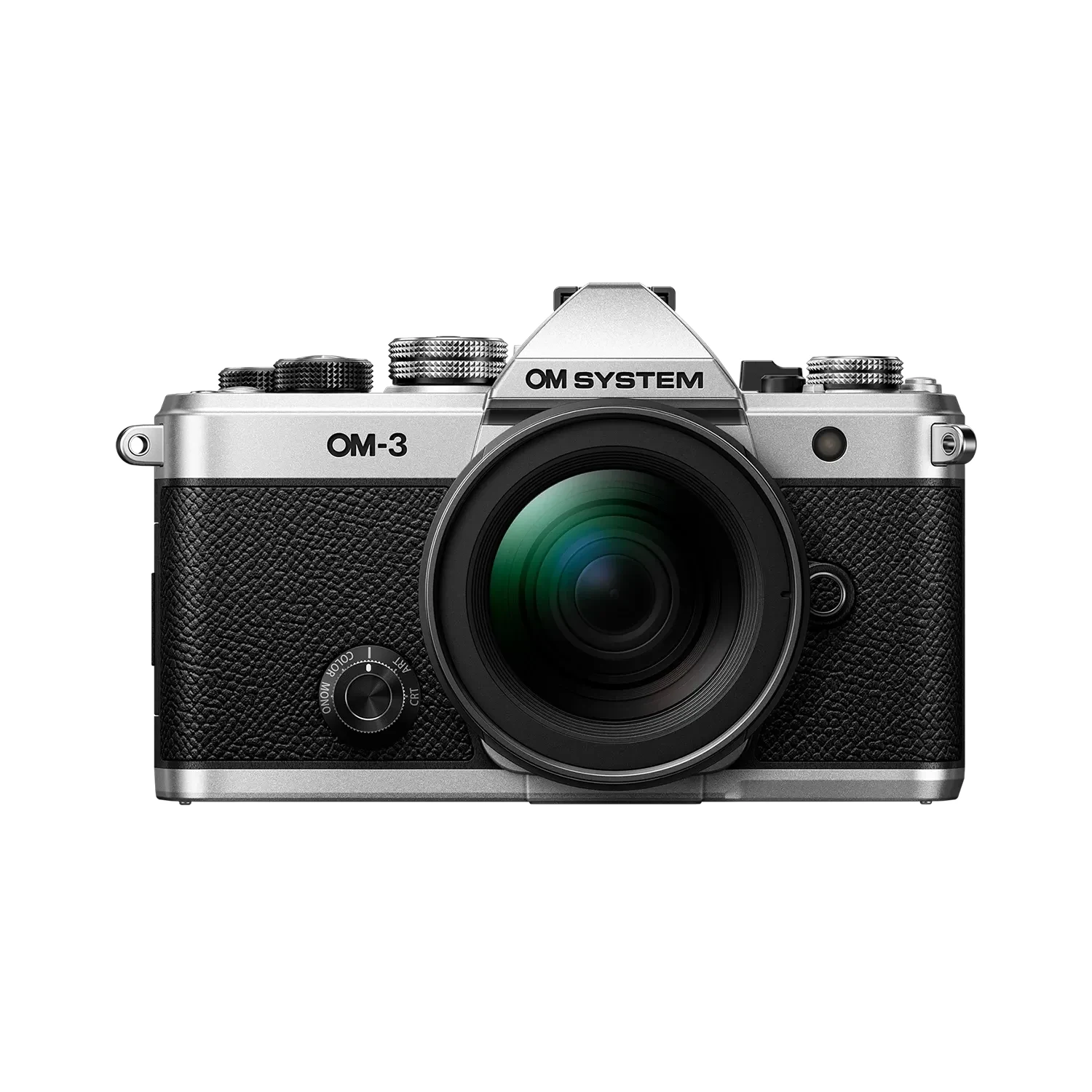OM System OM-3 mirrorless camera in silver and black shows a zoom lens from the front