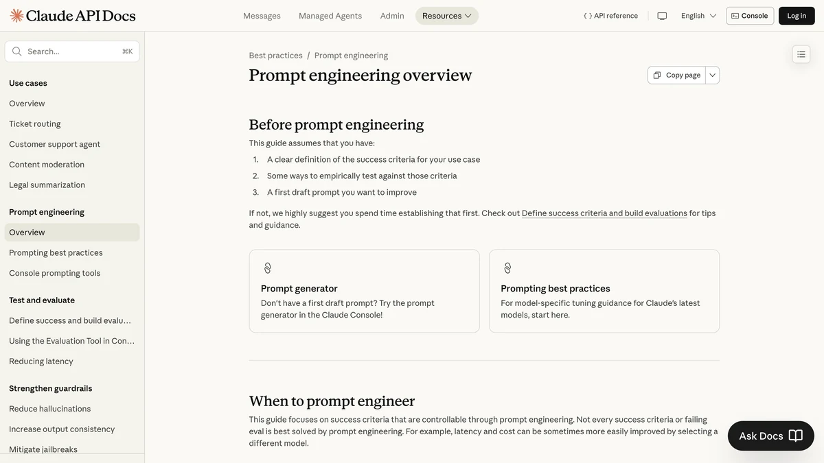 Claude API Docs Prompt engineering overview page with Prompt generator and Prompting best practices cards
