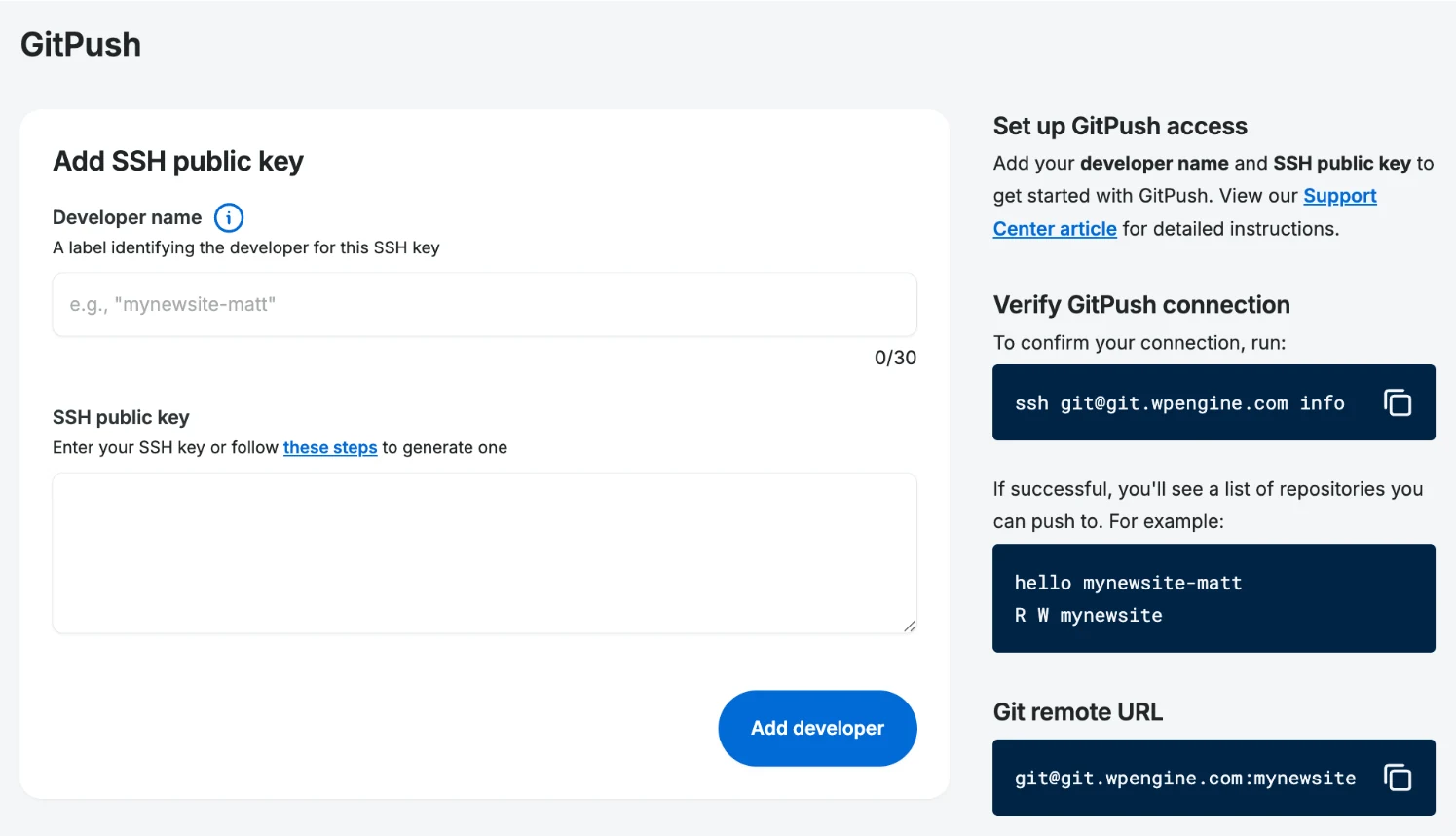 WP Engine GitPush page shows the Git step of a WordPress agency workflow with SSH key and remote URL fields