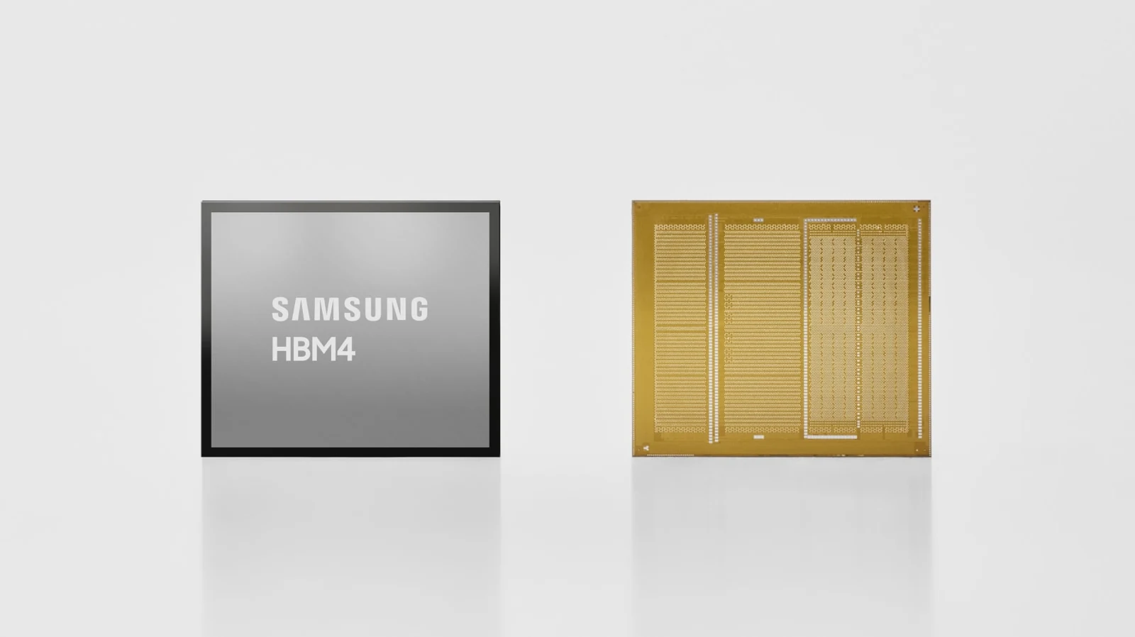 Samsung HBM4 chip shows High-bandwidth memory (HBM) beside a gold chip on a light gray surface