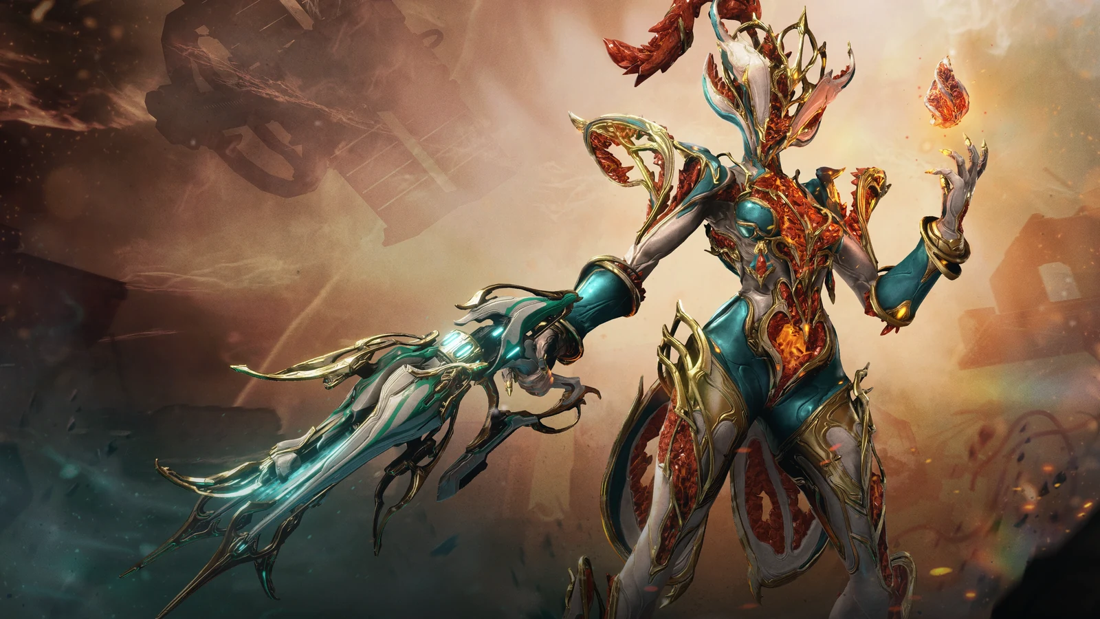 Warframe key art for the live-service game shows an ornate armored character with a long blade