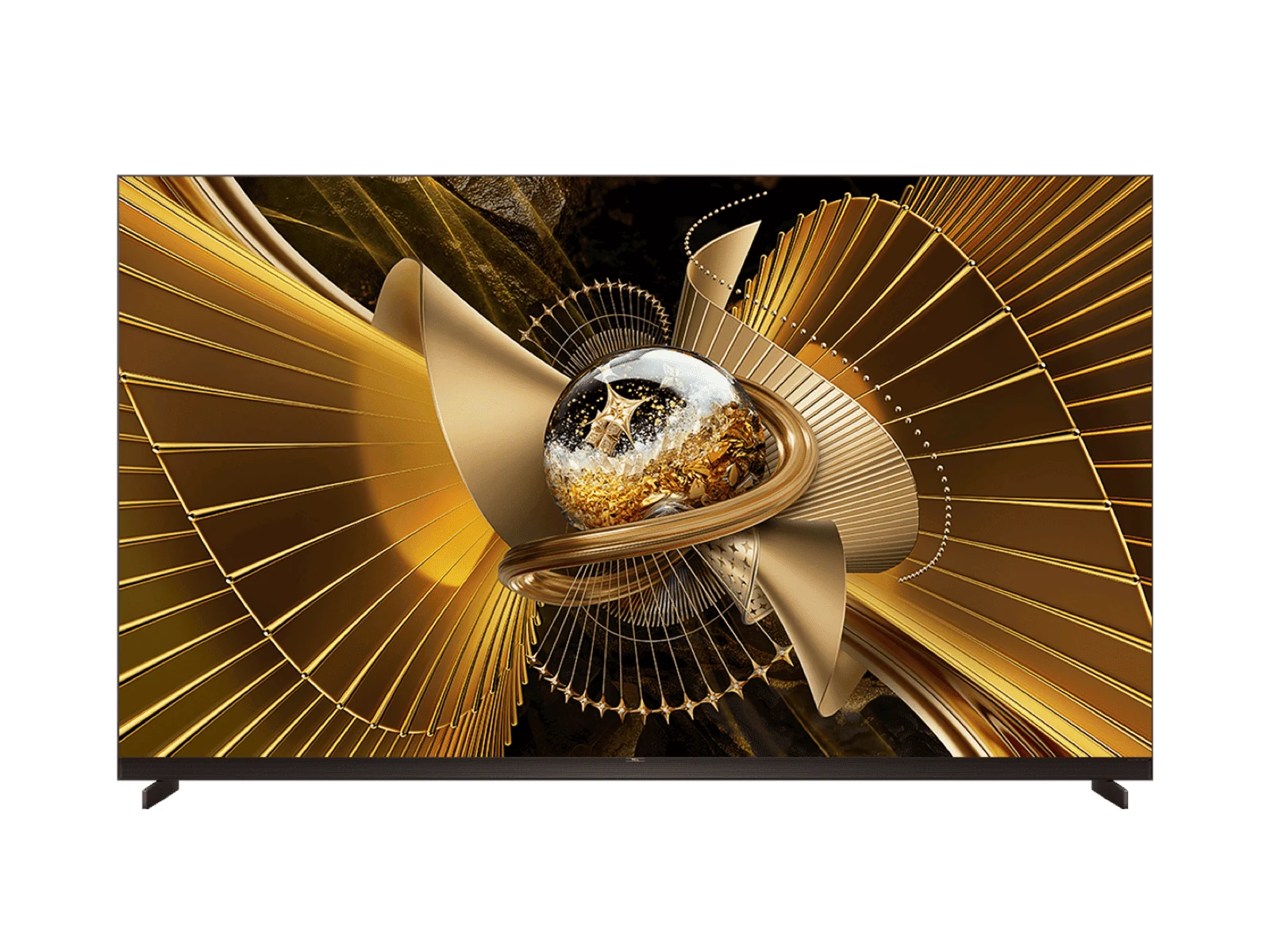 TCL X11L TV on two feet showing gold abstract art on its screen