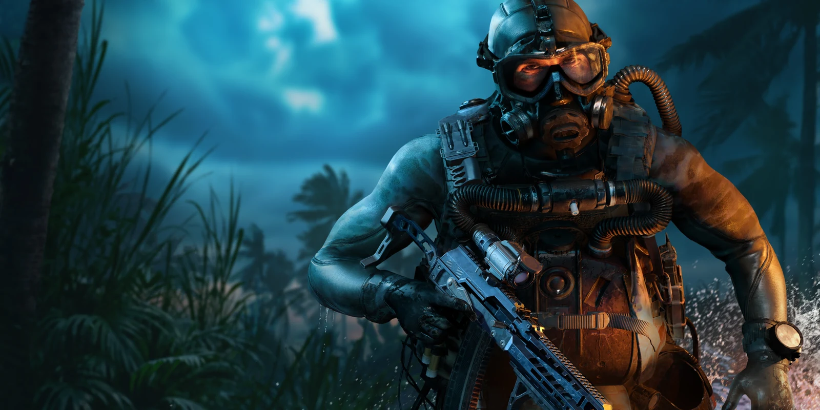 Battlefield 6 art for the live-service game shows a soldier in diving gear holding a rifle among jungle plants