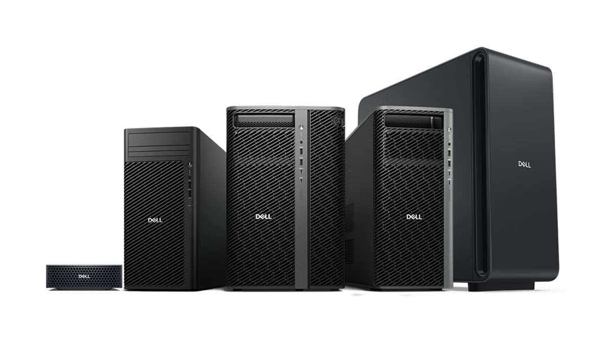 Four Dell tower workstations of increasing size lined up beside a small form factor unit