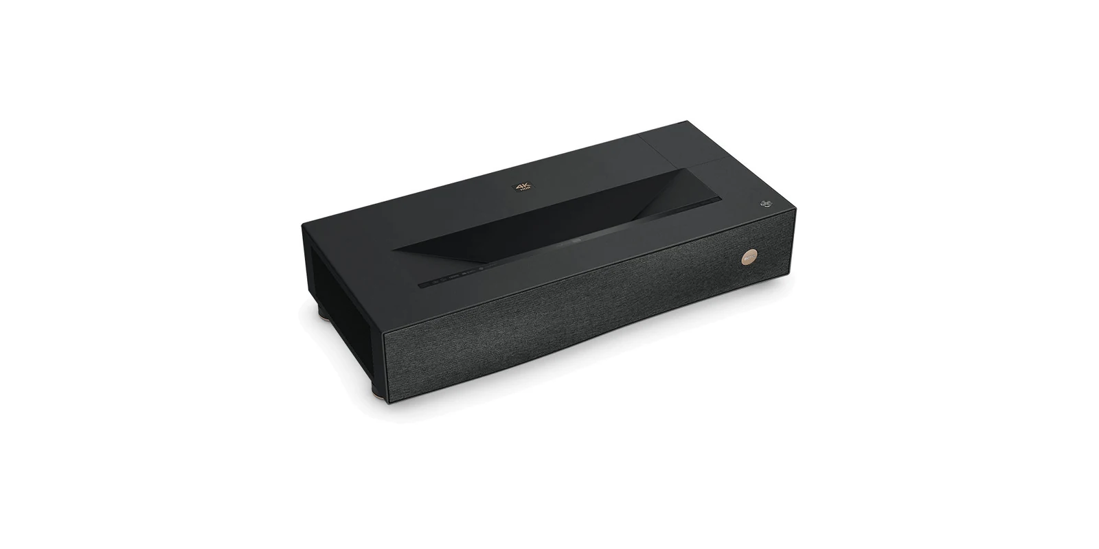 BenQ ultra-short-throw laser projector shows a black fabric front on a white background