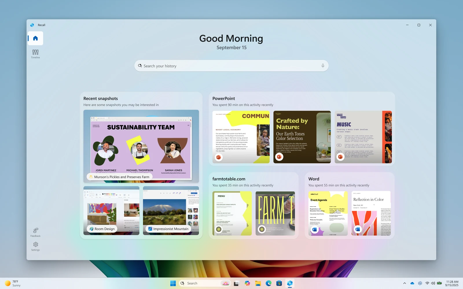 Windows Recall, a Copilot+ PC feature, shows a search box and recent snapshots of PowerPoint, Word and web pages