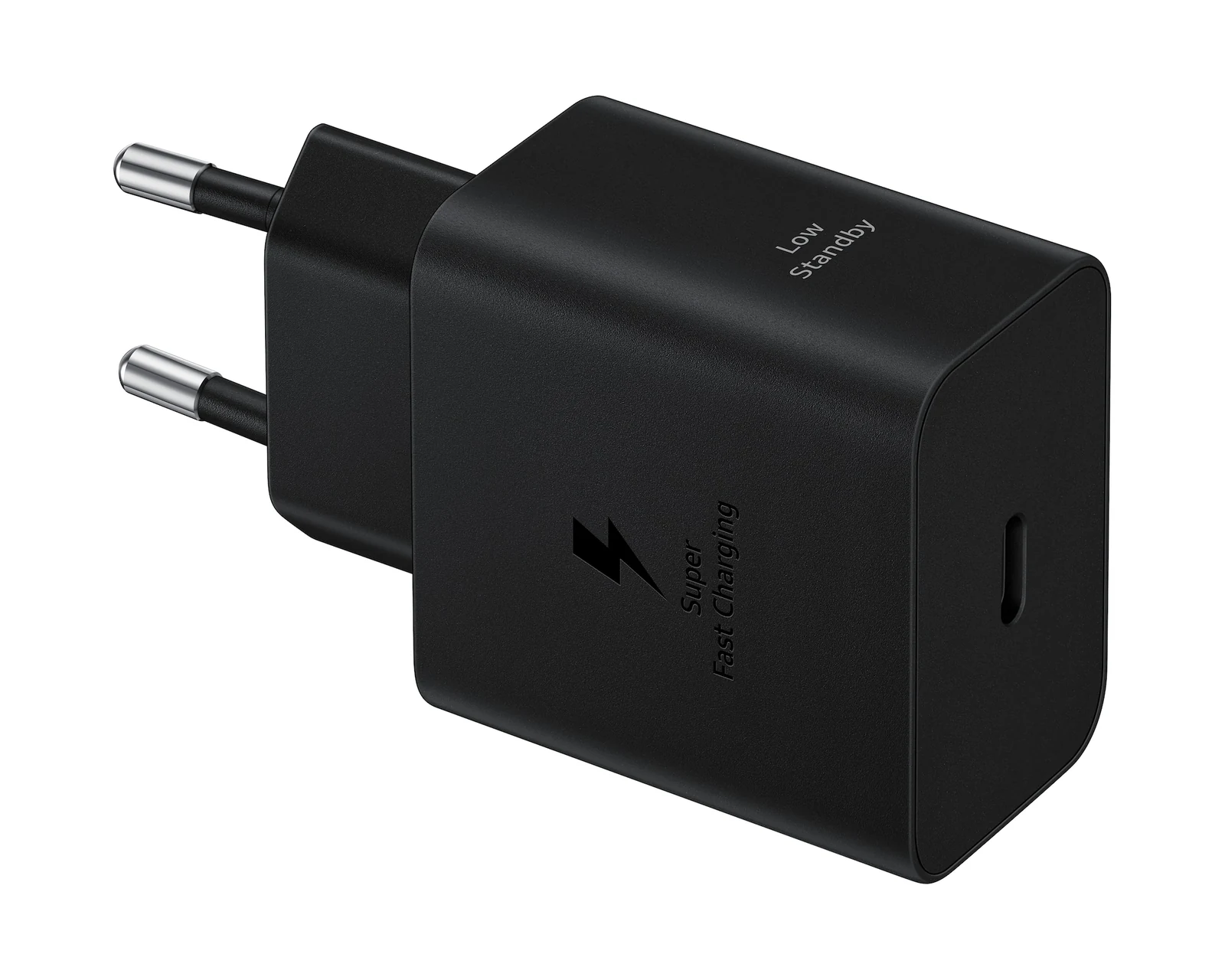 Samsung 45W Power Adapter, a USB Power Delivery charger, shows its USB-C port and a European plug