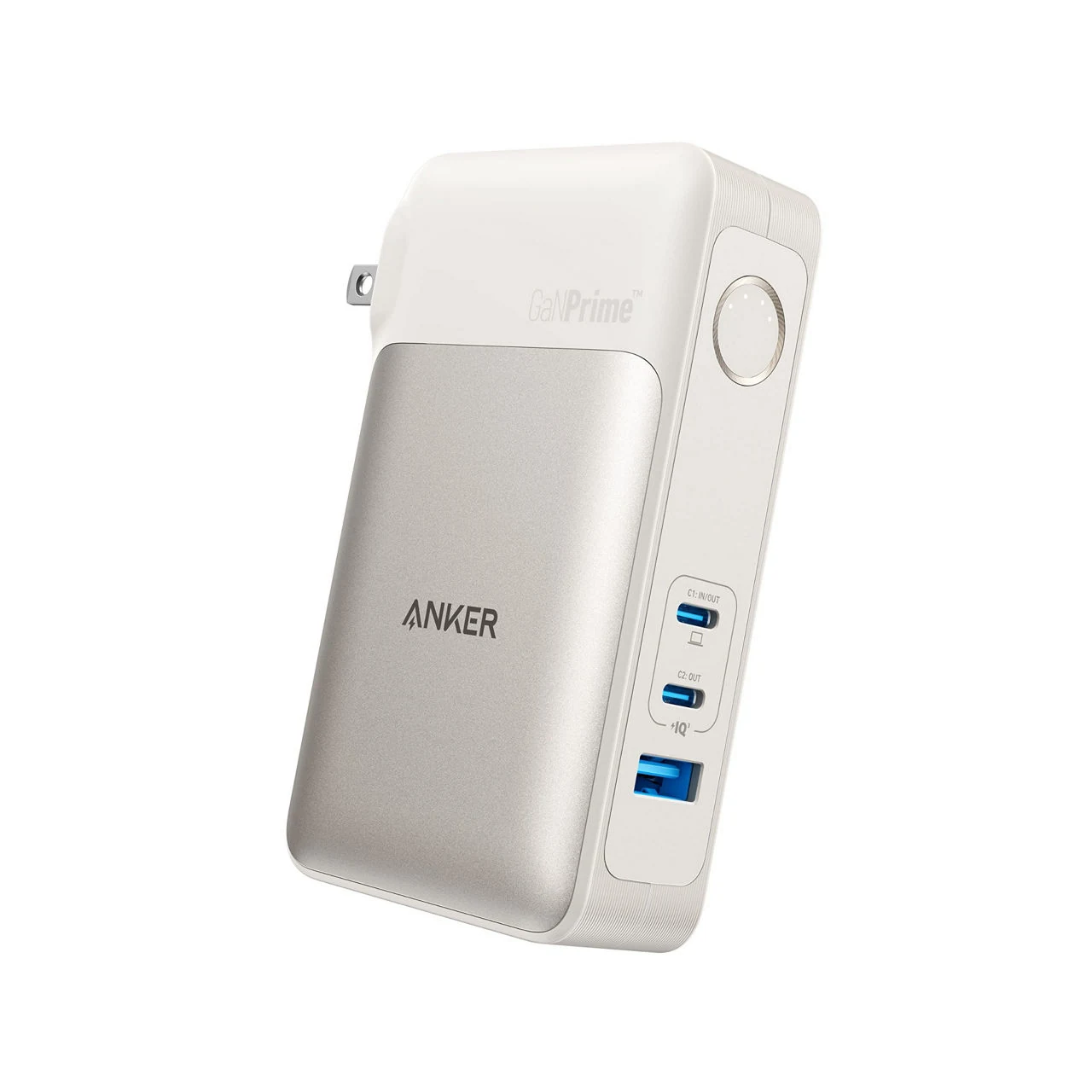 Anker GaNPrime charger and power bank shows two USB-C Power Delivery ports and one USB-A port