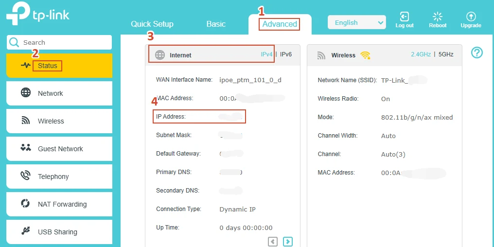 TP-Link router Status page shows where to read the WAN IP address on the Internet panel when checking for CGNAT