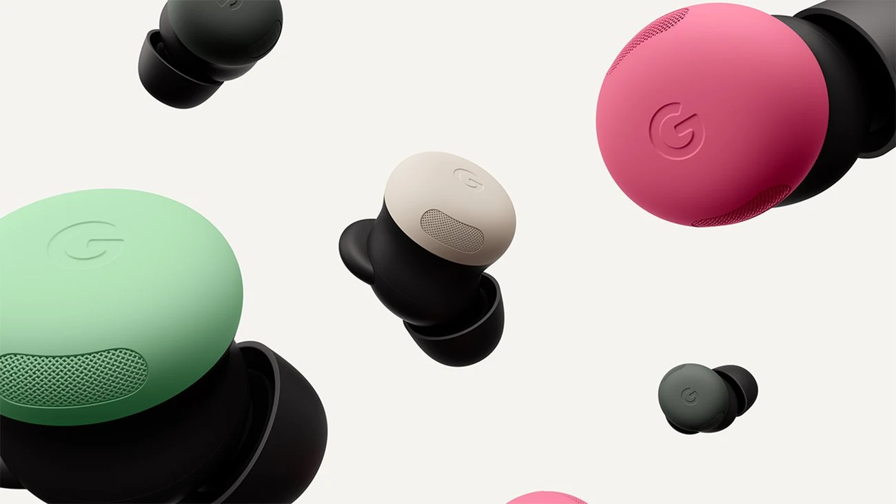 Image shows Google Pixel Buds Pro 2, noise-canceling headphone earbuds, in several colors on a light background