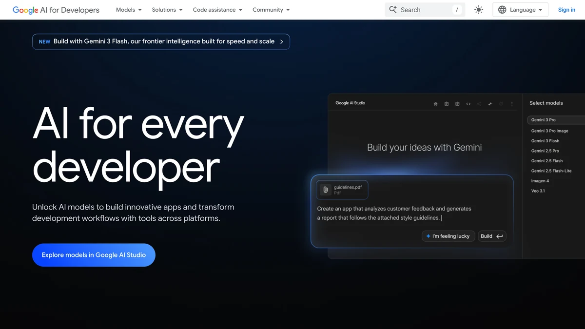 Google AI Studio interface showing Gemini API documentation for developer LLM integration