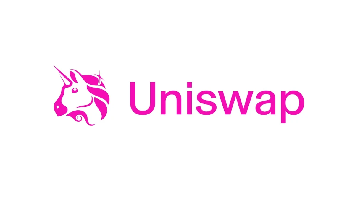 Uniswap logo, a pink unicorn head beside the Uniswap wordmark on white