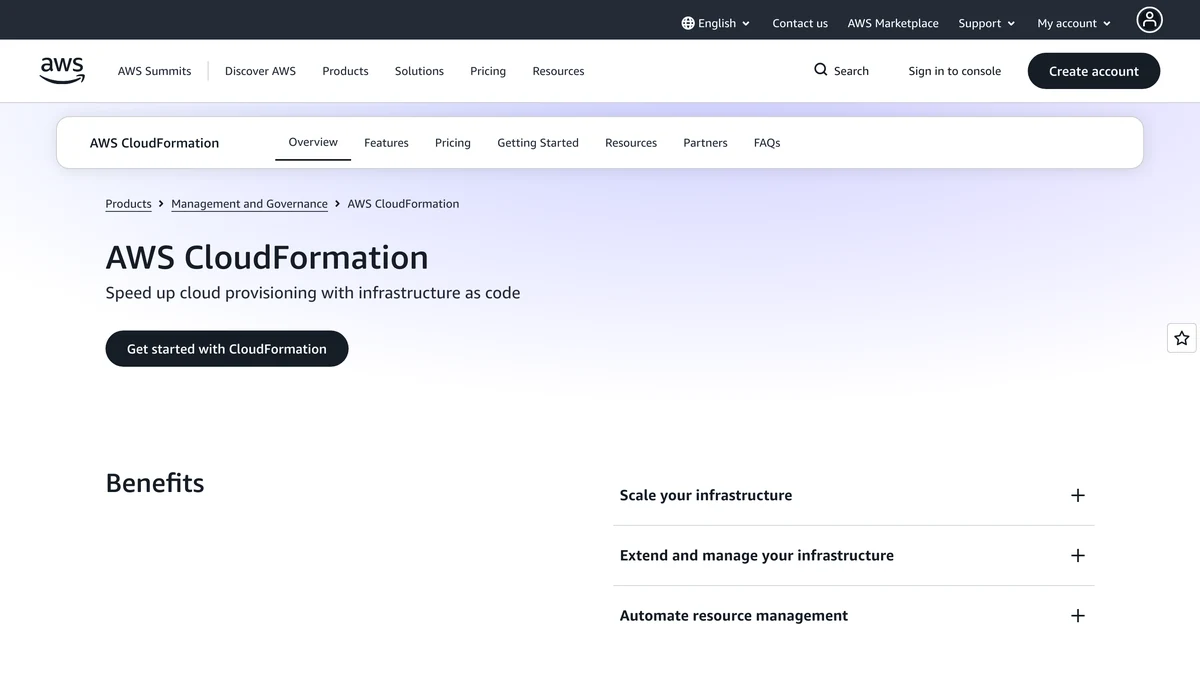 AWS CloudFormation product page headed Speed up cloud provisioning with infrastructure as code and a Benefits list