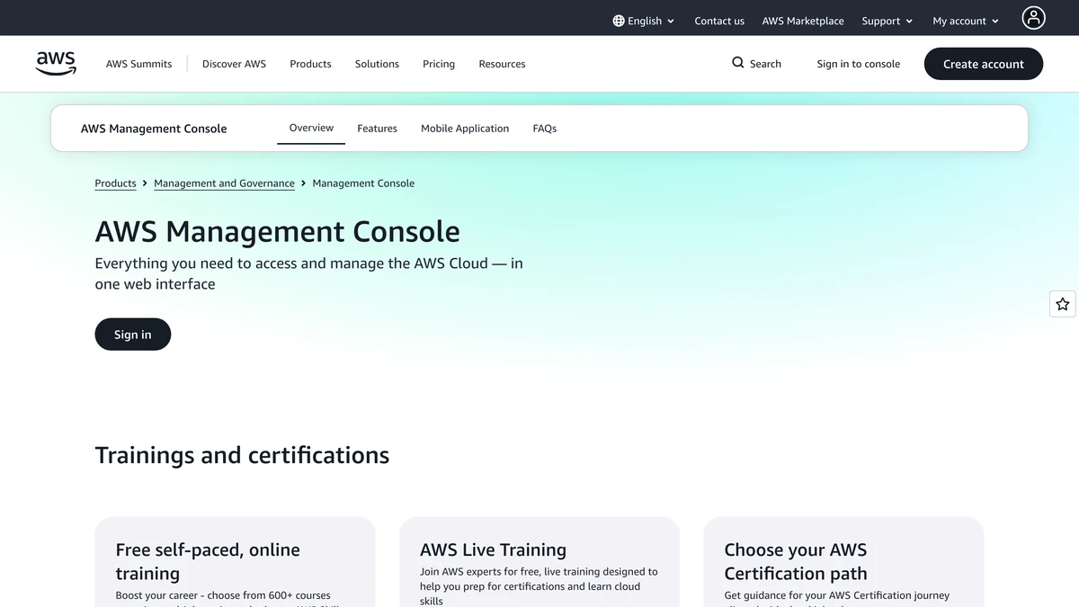 AWS Management Console product page with a Sign in button and Trainings and certifications cards