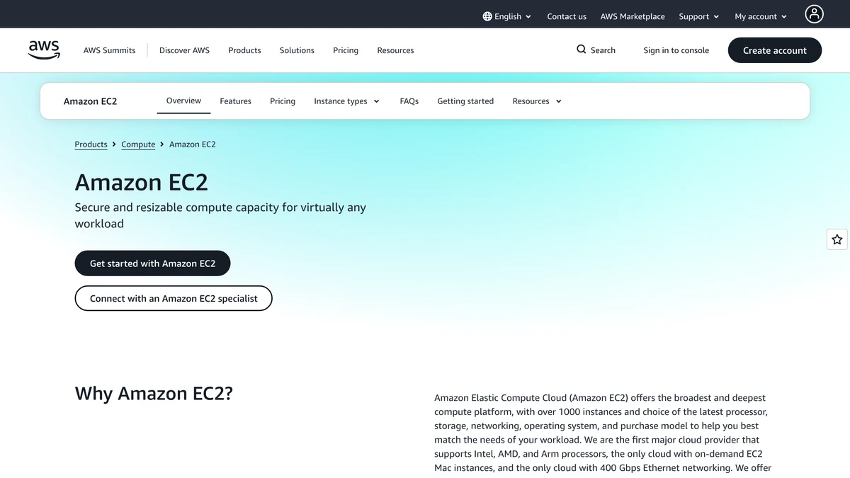 Screenshot of the Amazon EC2 product page headed 'Secure and resizable compute capacity for virtually any workload'.
