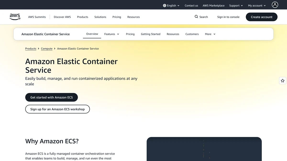 Screenshot of the Amazon Elastic Container Service (ECS) product overview page.