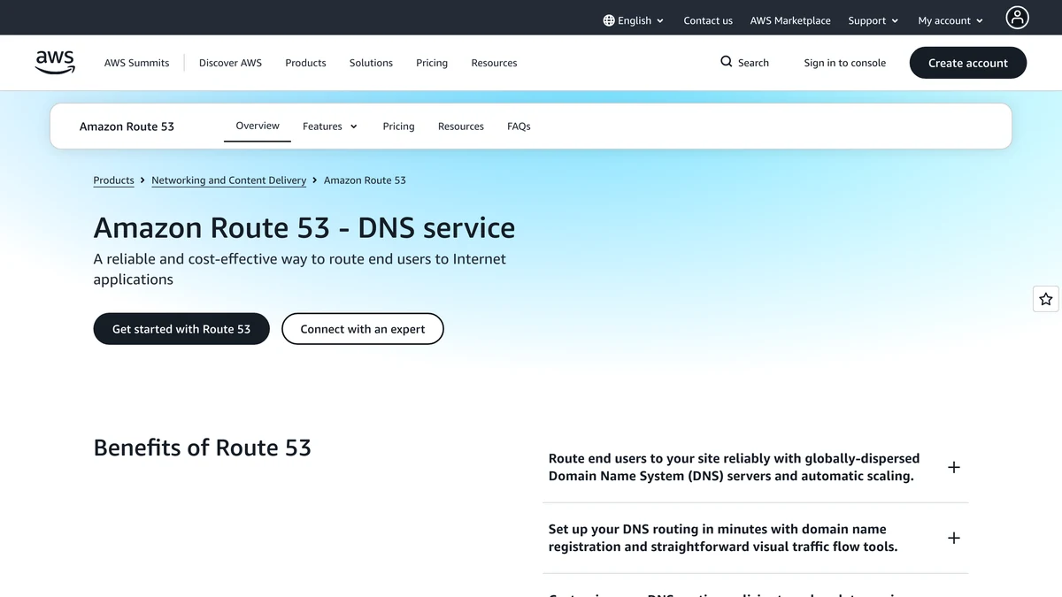 Amazon Route 53 product page headed Amazon Route 53 DNS service with Get started and Benefits sections