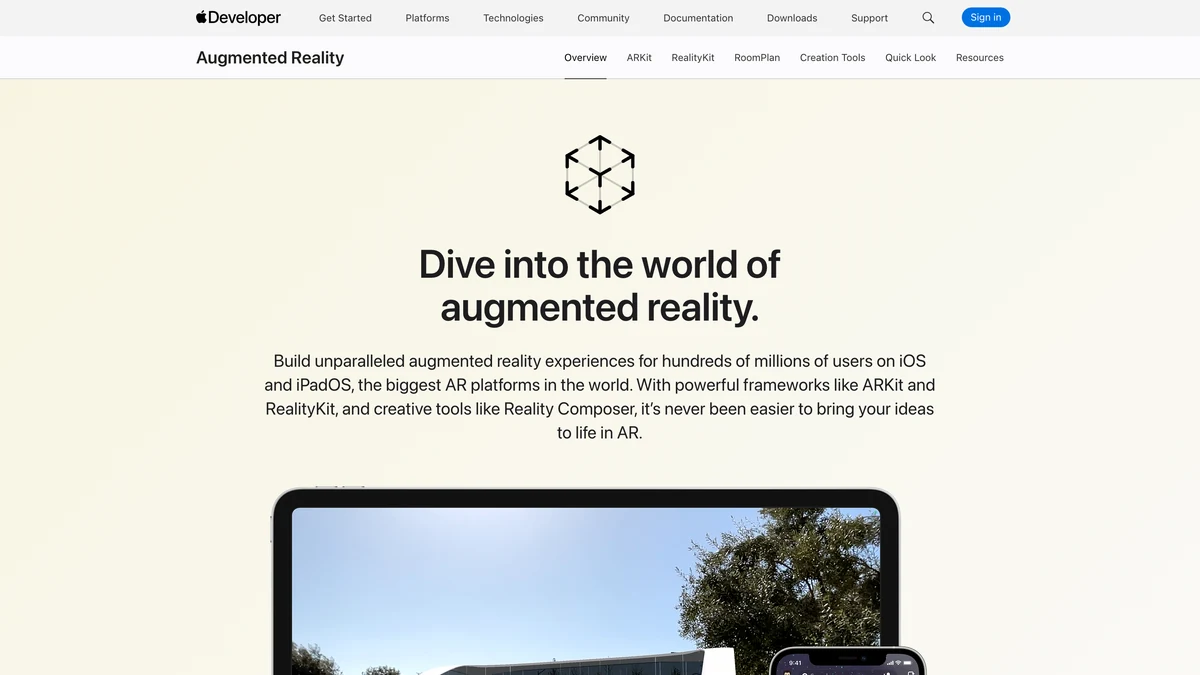 Apple Developer Augmented Reality page headed Dive into the world of augmented reality with an iPad below