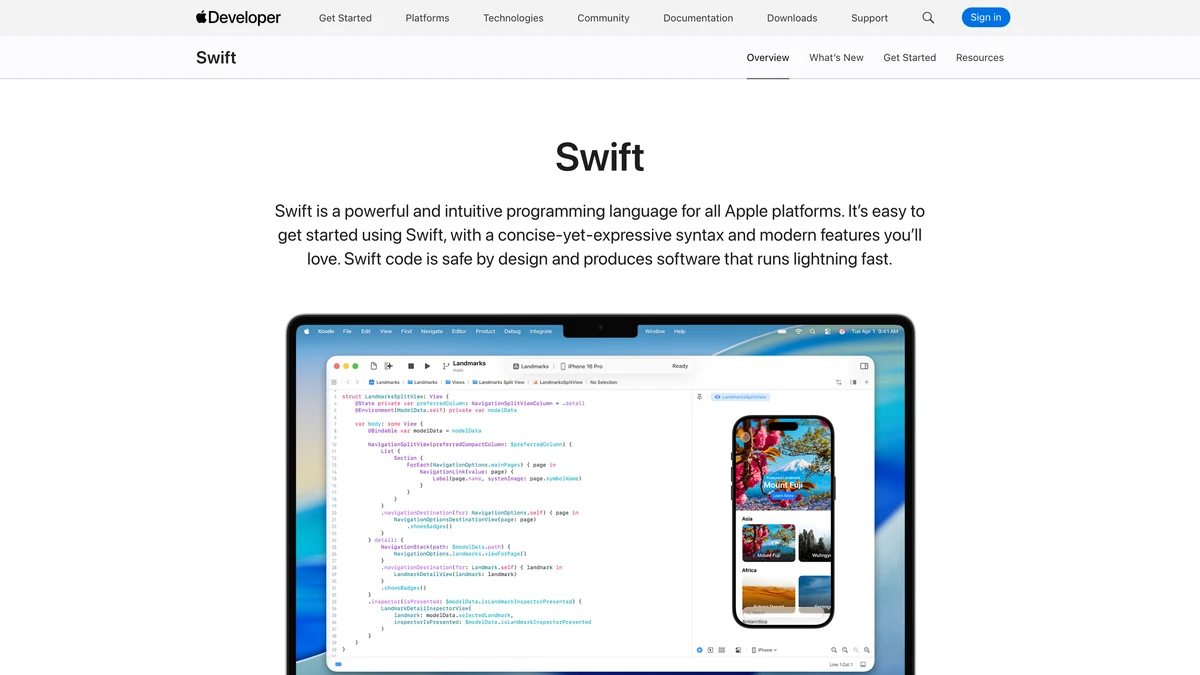 Apple Swift documentation page showing Swift language overview and code syntax examples