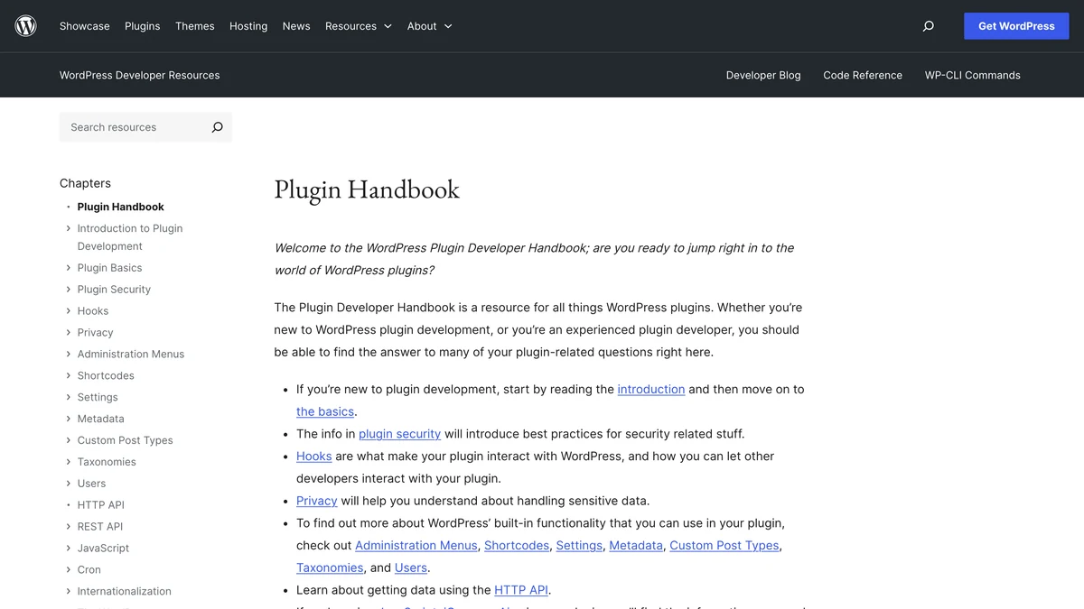 WordPress Plugin Handbook page from developer resources with a chapters sidebar and introductory text
