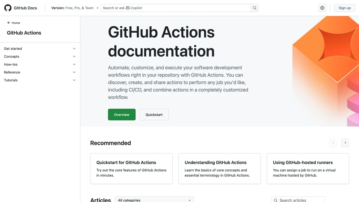 GitHub Actions documentation landing page with Overview and Quickstart buttons and recommended guides