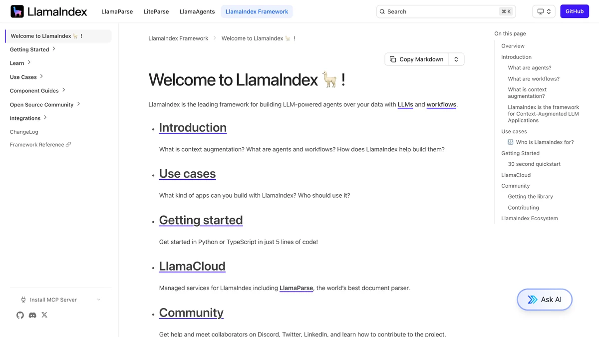 LlamaIndex Framework docs page headed Welcome to LlamaIndex with Introduction, Use cases and Getting started links