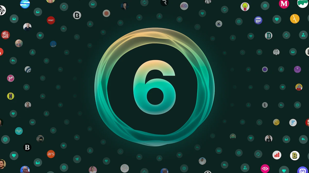 Ghost 6 launch graphic, a glowing green 6 in a ring surrounded by dozens of publication avatars