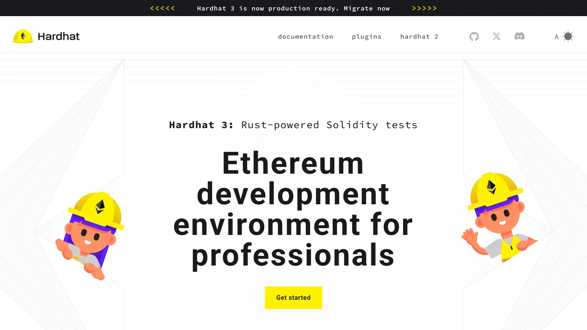 Screenshot of the Hardhat homepage headed 'Ethereum development environment for professionals'.