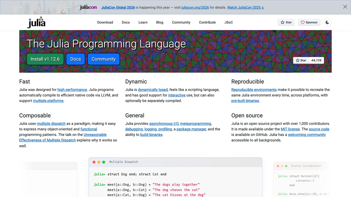 Julia programming language website showing scientific computing and ML capabilities