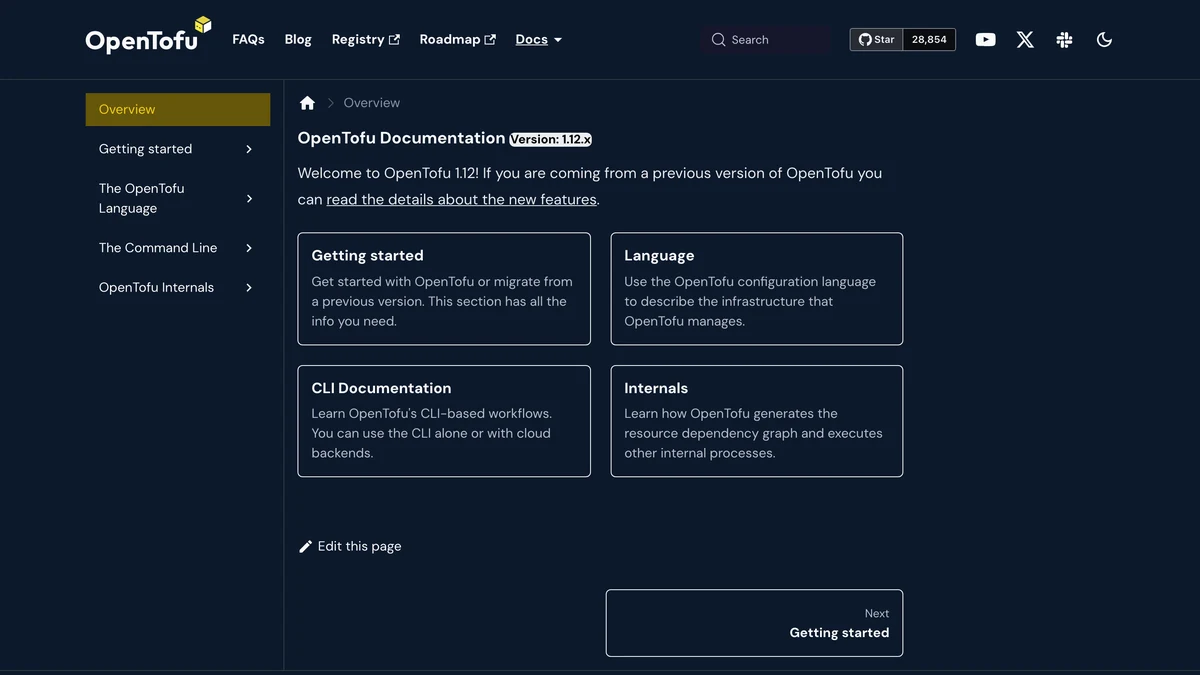 Screenshot of the OpenTofu documentation overview, version 1.12, with Getting started, Language, CLI, and Internals cards.