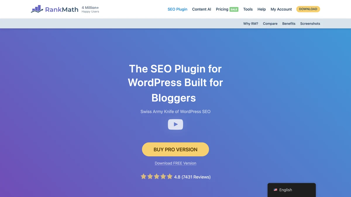 Rank Math homepage hero reading The SEO Plugin for WordPress Built for Bloggers with a Buy Pro Version button