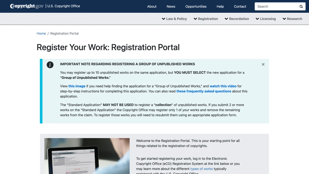 US Copyright Office Register Your Work: Registration Portal page with a note on registering unpublished works