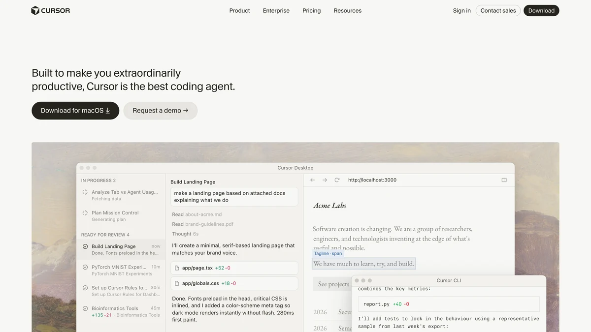 Cursor IDE interface showing AI chat panel alongside code editor with inline suggestion
