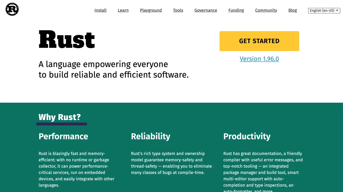 Screenshot of the Rust language homepage with the Get Started button and the Why Rust feature columns.