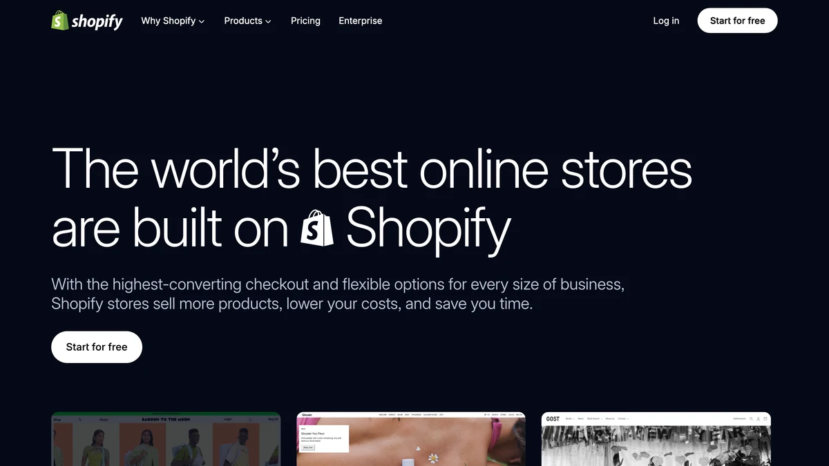 Shopify homepage hero reading The world's best online stores are built on Shopify above store thumbnails