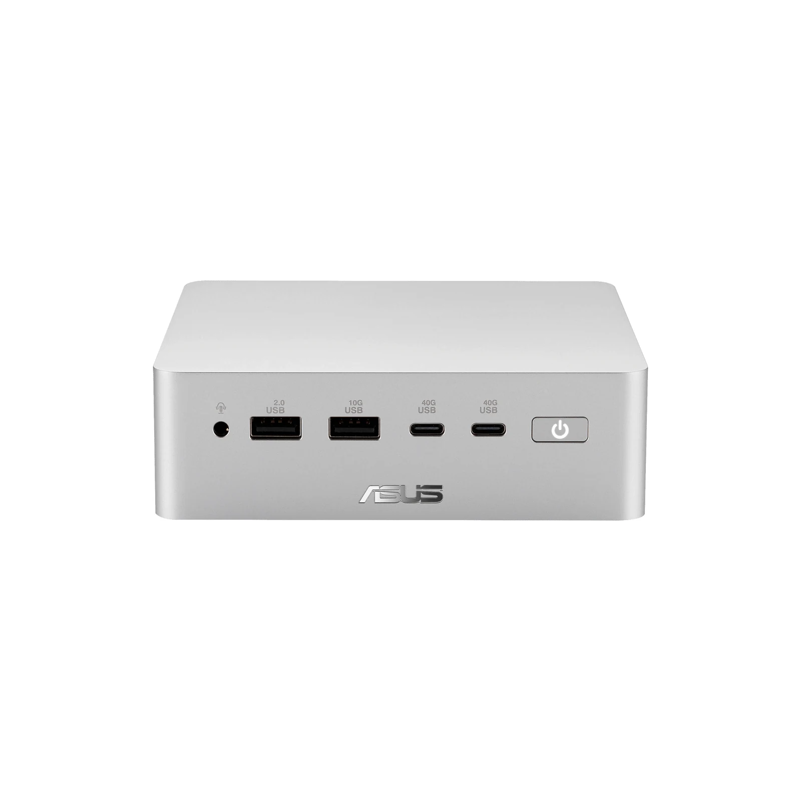 ASUS Ascent QN10 mini PC in silver shows its USB ports from the front on a white background