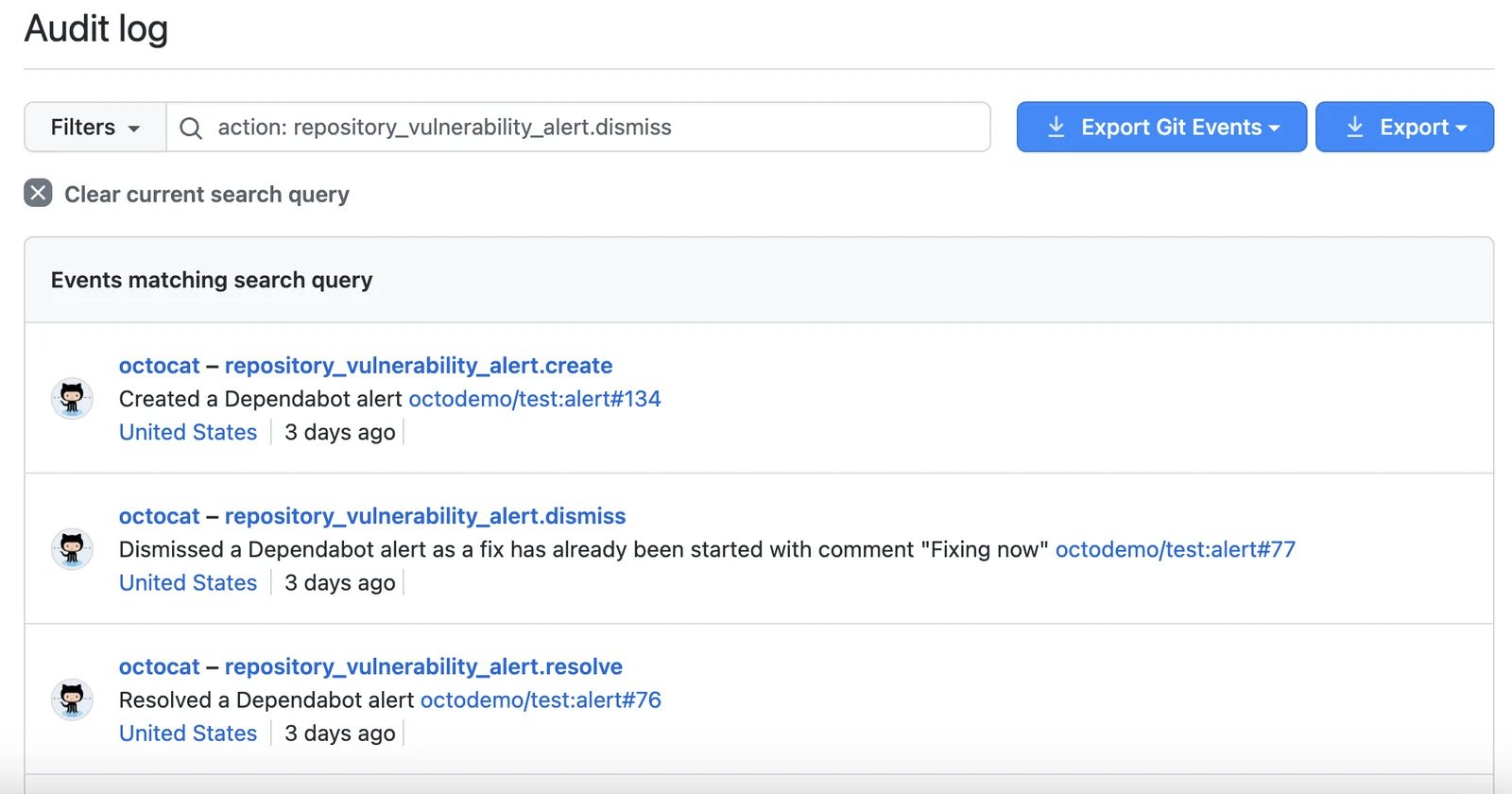 GitHub audit log shows Dependabot alert events, a software supply chain attack defense, created and resolved