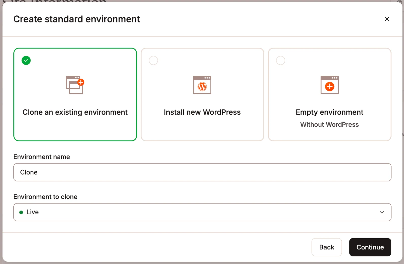 MyKinsta dialog shows a WordPress agency workflow step: cloning the Live environment into a new one
