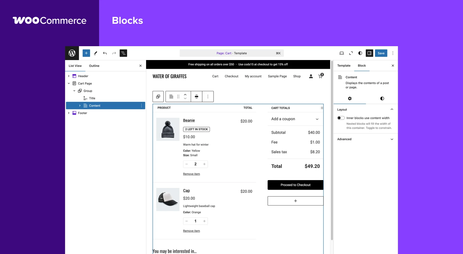 Cart page that WooCommerce performance caching must skip shows two products and cart totals in the block editor