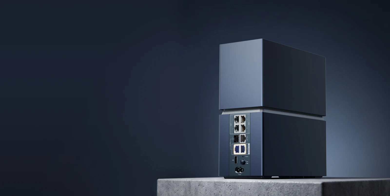 Rear of the TP-Link Archer 8 Ultra Wi-Fi 8 router shows its Ethernet and USB ports on a concrete block