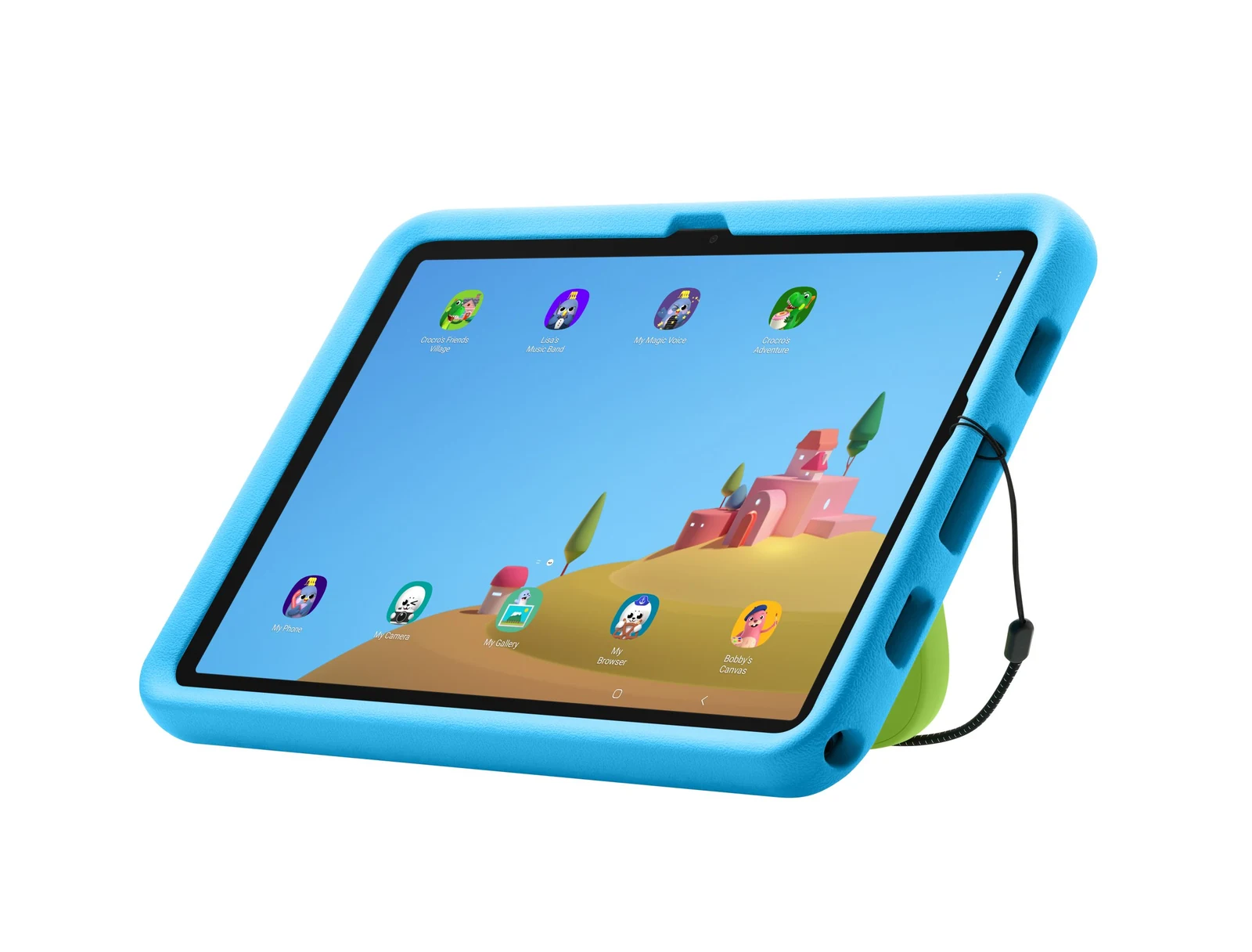 Samsung Galaxy Tab A11+ Kids Edition tablet shows a kids home screen inside a blue protective case