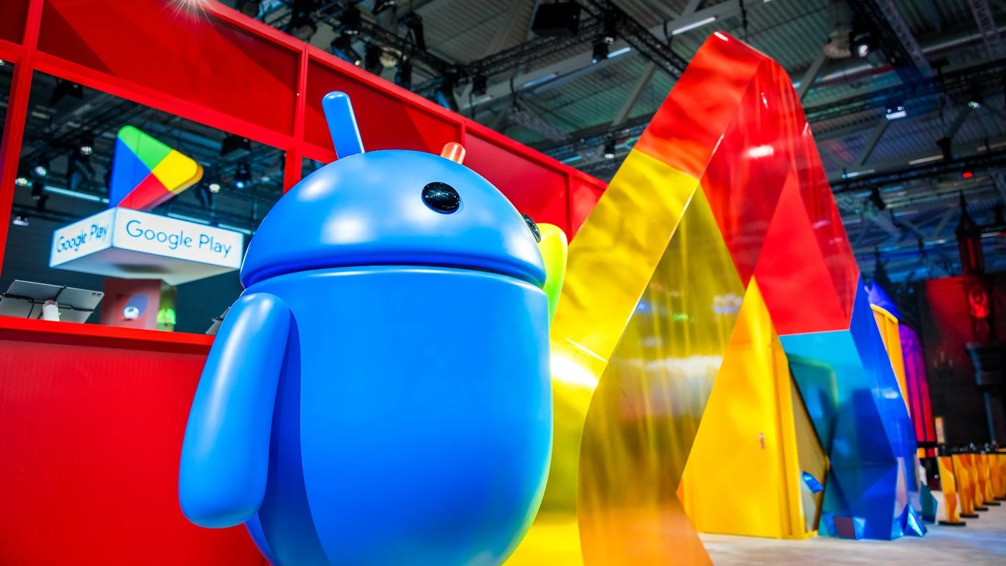Play Store booth with a large Android statue shows the app store at the heart of the Google antitrust case